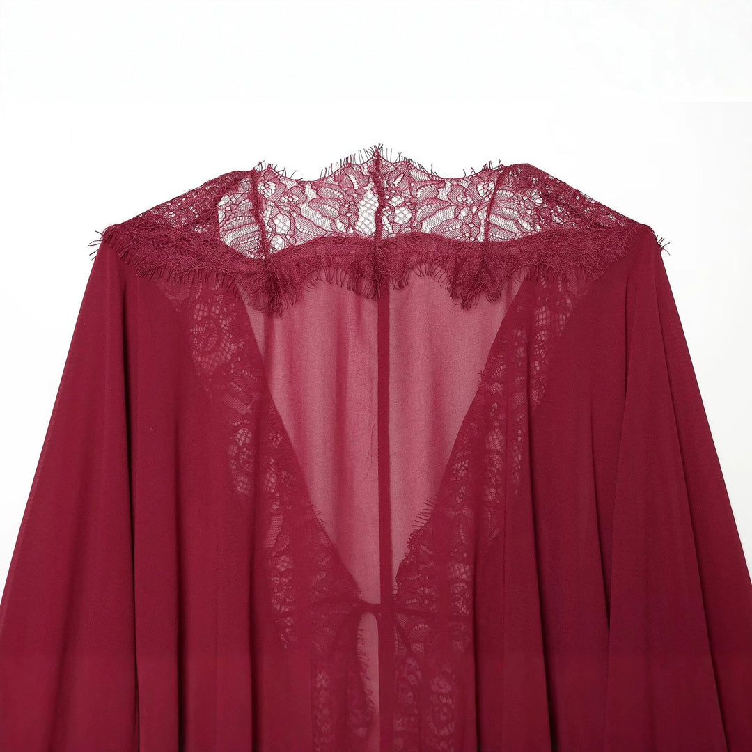 Damen Fließende Kimono‑Bluse mit Spitzenbesatz und Bindeband Drune