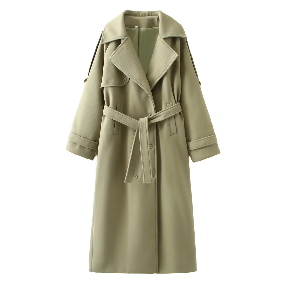 Damen 300+ langer oversized Trenchcoat mit Taillengürtel und Schulterpatten Drune