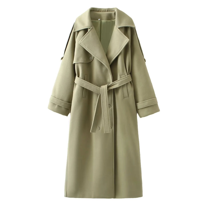 Damen 300+ langer oversized Trenchcoat mit Taillengürtel und Schulterpatten Drune
