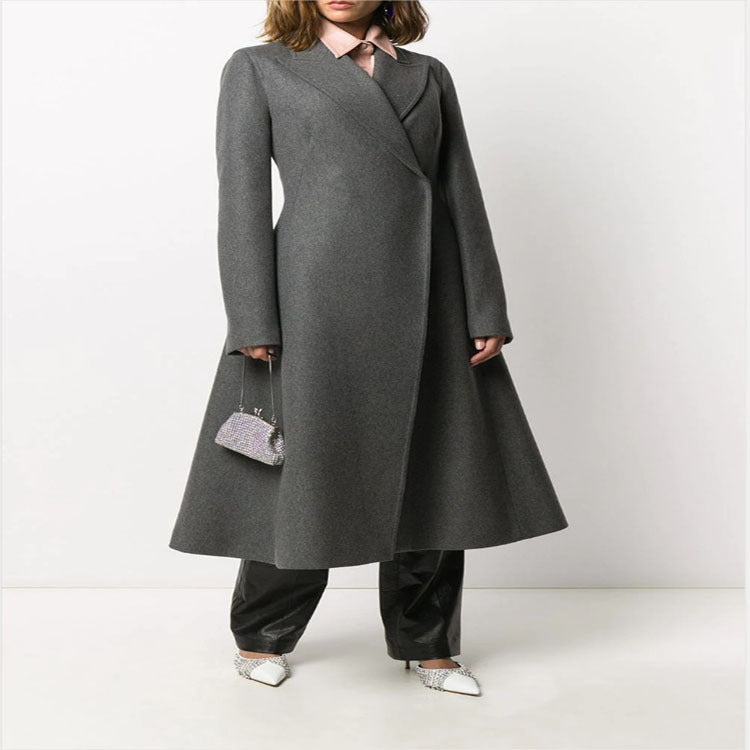 Damen Taillierter A-Linien Mantel mit asymmetrischer Einreihe und schwingendem Rock Drune