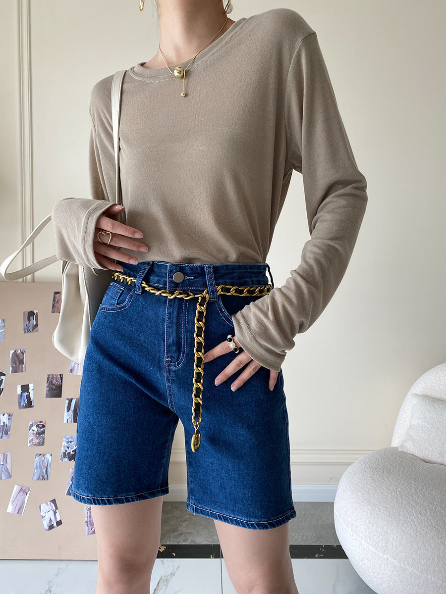 Damen lässige Jeansshorts mit hohem Bund und dekorativem Kettengürtel Drune