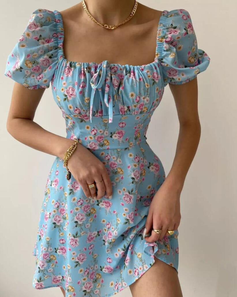 Damen Minikleid mit voluminösen Puffärmeln und floralem Muster Drune