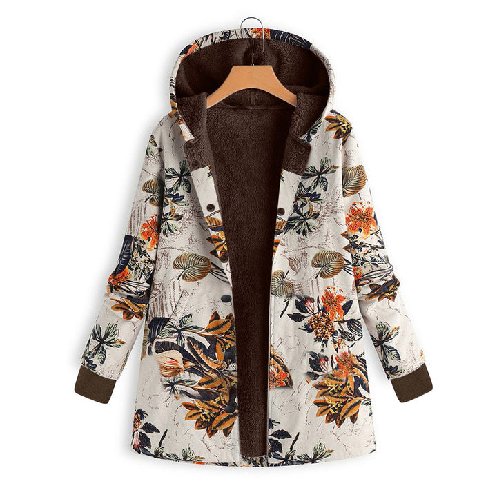Damen Gefütterte Kapuzenjacke mit Kunstfellfutter, floralem Print und Eingrifftaschen Drune
