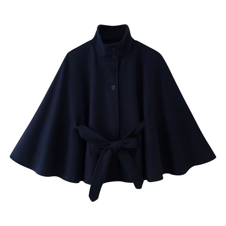 Damen 2900+ eleganter kurzer Cape‑Umhang mit Stehkragen, Knopfleiste und Taillenband Drune