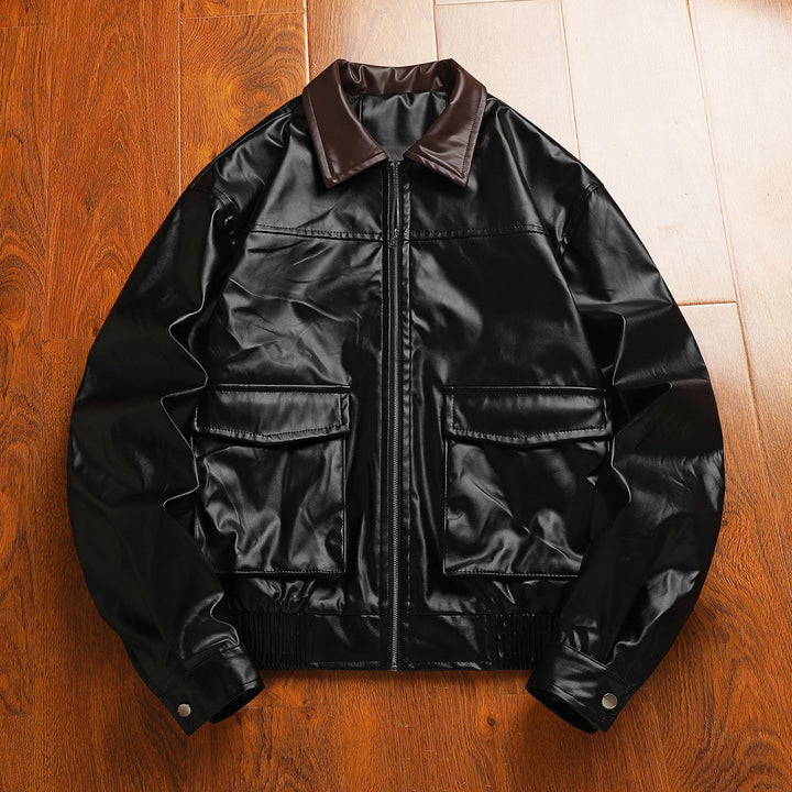 Herren Modische Kunstlederjacke mit hochgeschlossenen Kragen und praktischen Taschen Drune