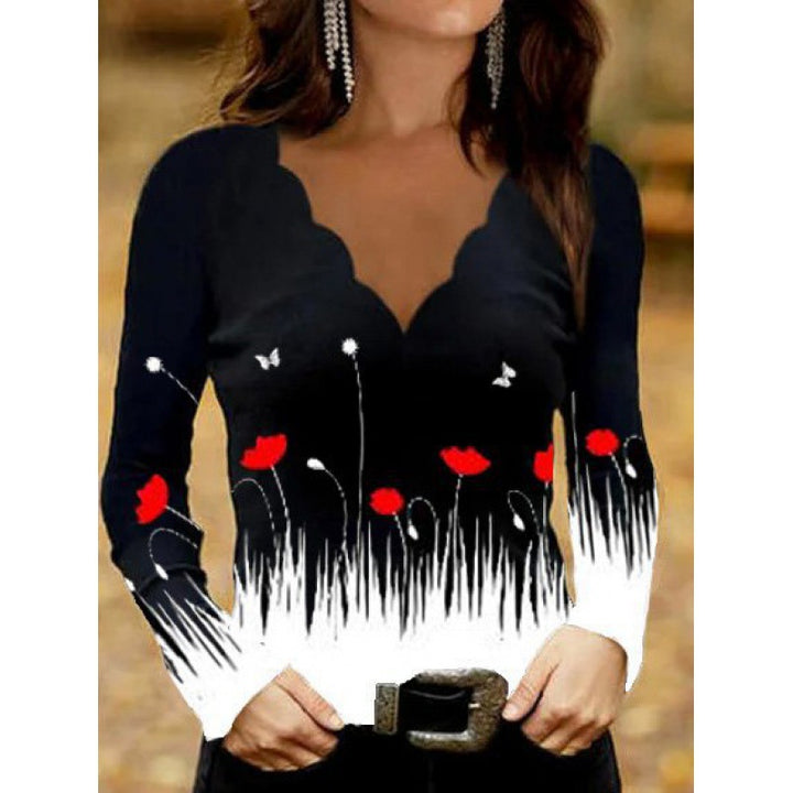 Damen Glitzer-Intarsien Langarmshirt mit V-Ausschnitt und Schmuckstein-Effekt Drune