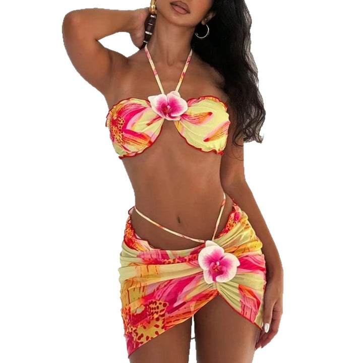 Damen Bandeau-Bikini-Set mit floralem Design und Wickelrock Drune