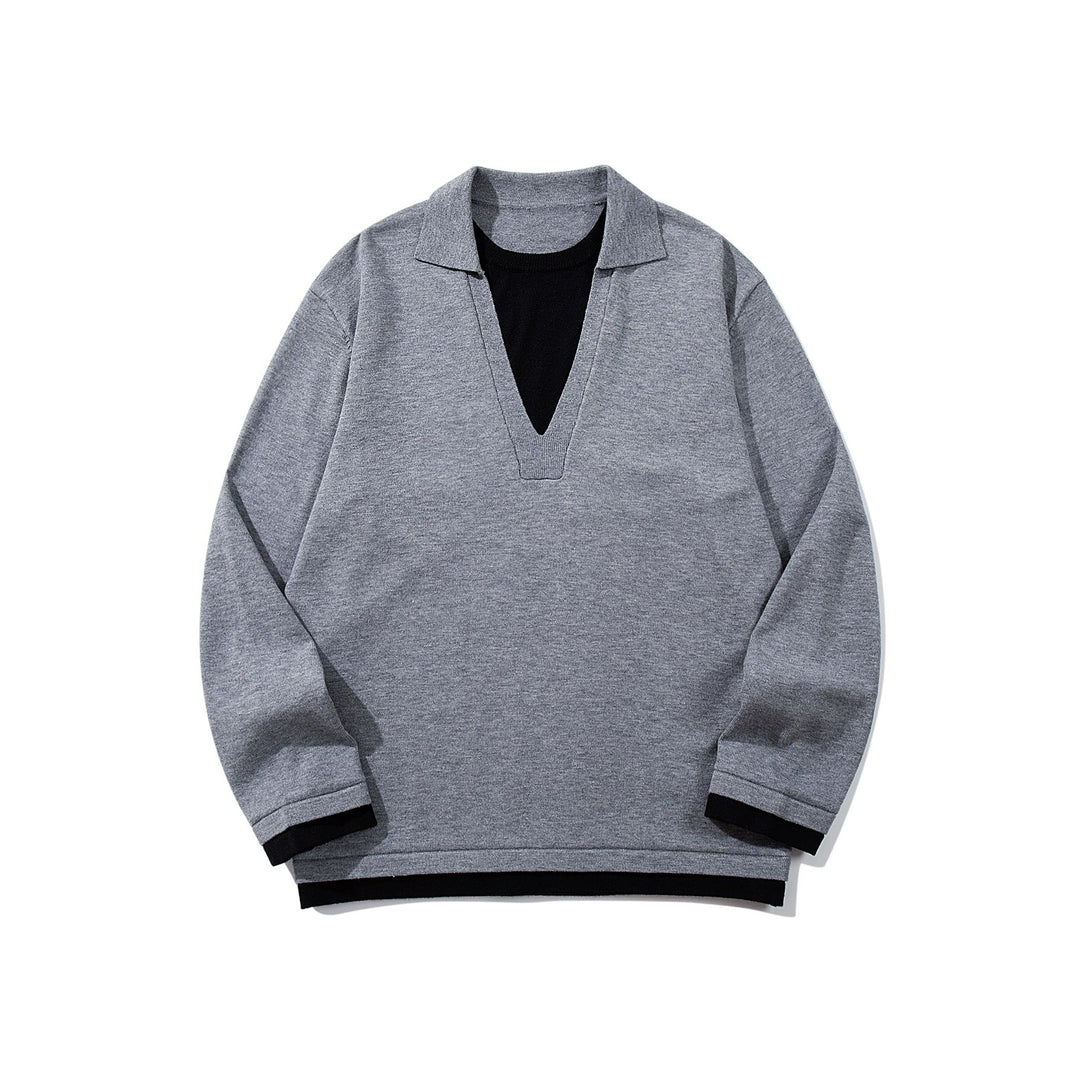 Unisex Lässiger Oversize Strickpullover mit tiefem V Einsatz und Hemd‑Layer Optik Drune