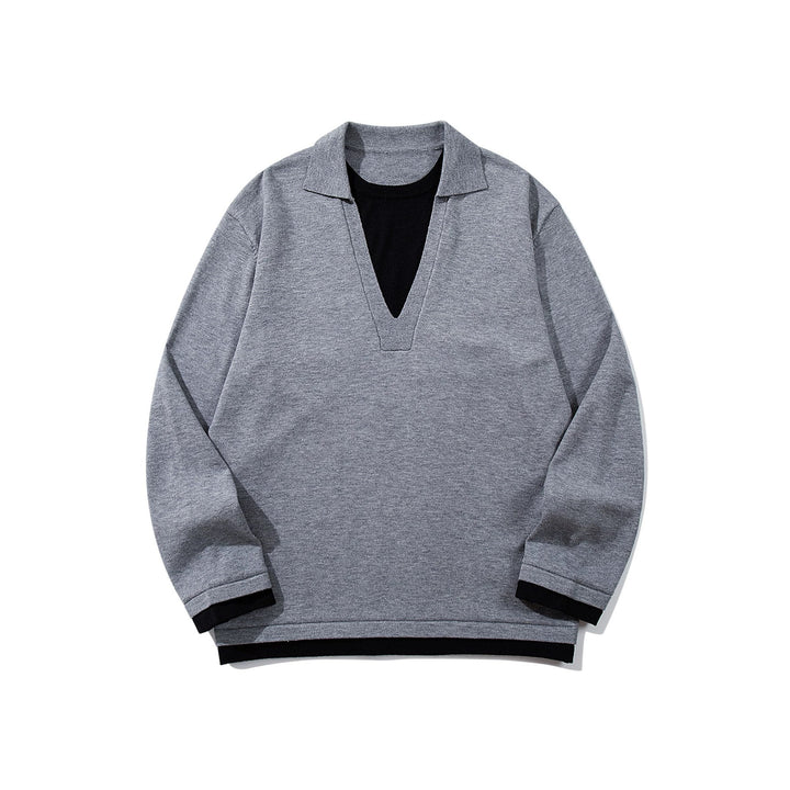 Unisex Lässiger Oversize Strickpullover mit tiefem V Einsatz und Hemd‑Layer Optik Drune