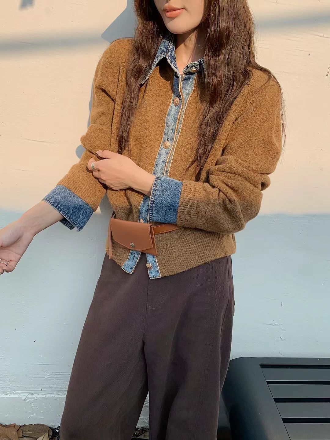 Damen lässiges Overshirt mit ausgefallenem Denim-Kragen und Knopfdetails Drune