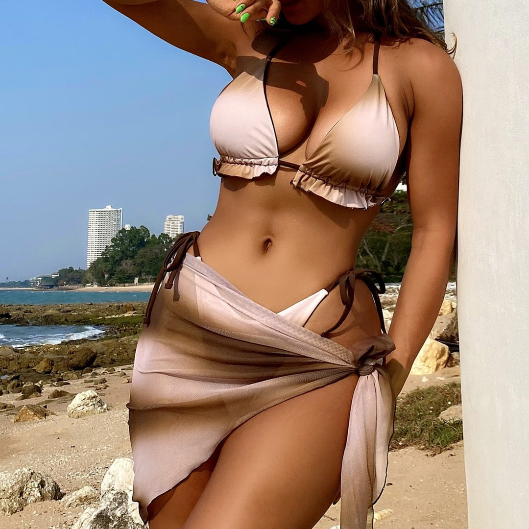 Damen Bikini-Set mit rüschenverziertem Oberteil und vielseitigem Wickeltuch Drune