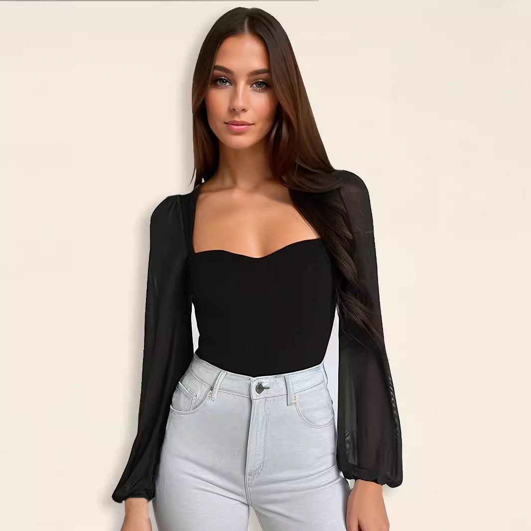 Damen Eleganter Body mit transparenten Puffärmeln und quadratischem Ausschnitt Drune
