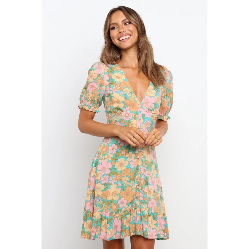 Damen Minikleid im romantischen Garden-Style mit voluminösen Ärmeln und verspieltem Saum Drune