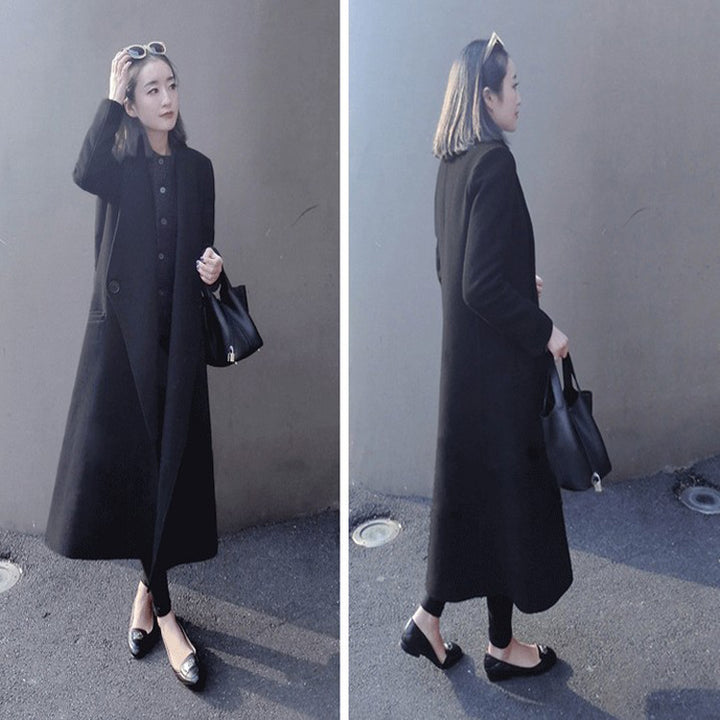 Damen Midilanger taillierter Wollmix-Longcoat mit Schalkragen, Eingrifftaschen und dezenten Zierknöpfen Drune