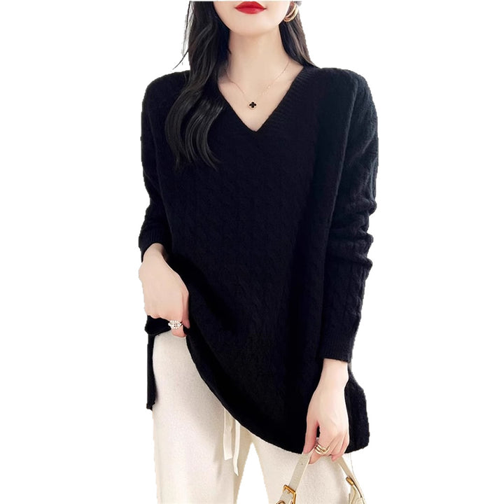 Damen Grobstrickpullover mit tiefem V-Ausschnitt und strukturierter Textur Drune