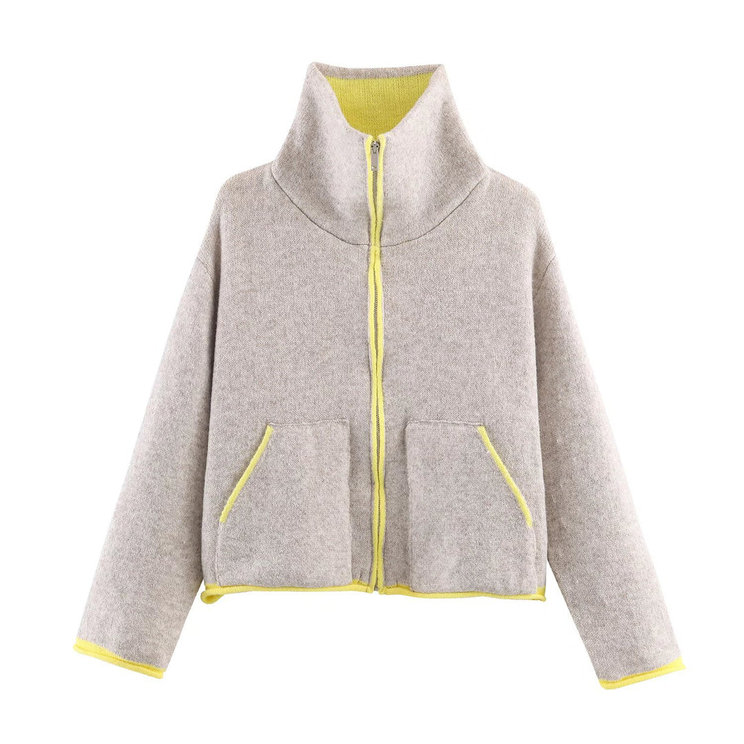 Damen Kurze Boxy‑Fleecejacke mit hohem Funnelkragen und Kontrastpaspel Drune