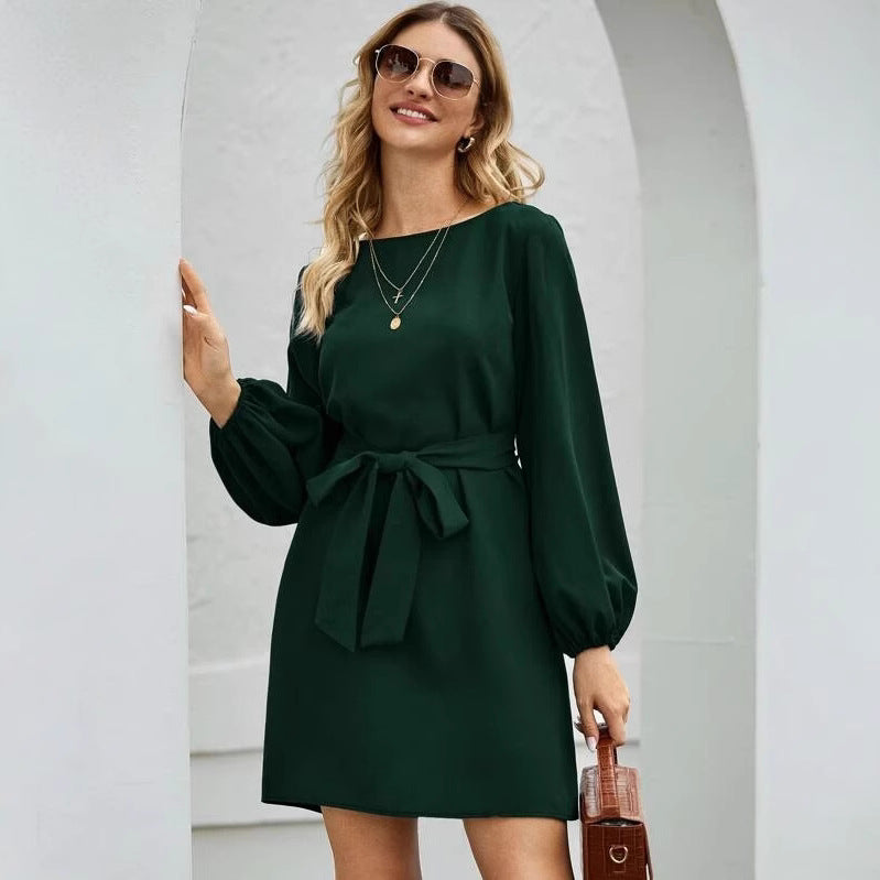 Damen nan elegantes Etuikleid mit Ballonärmeln und Taillengürtel Drune