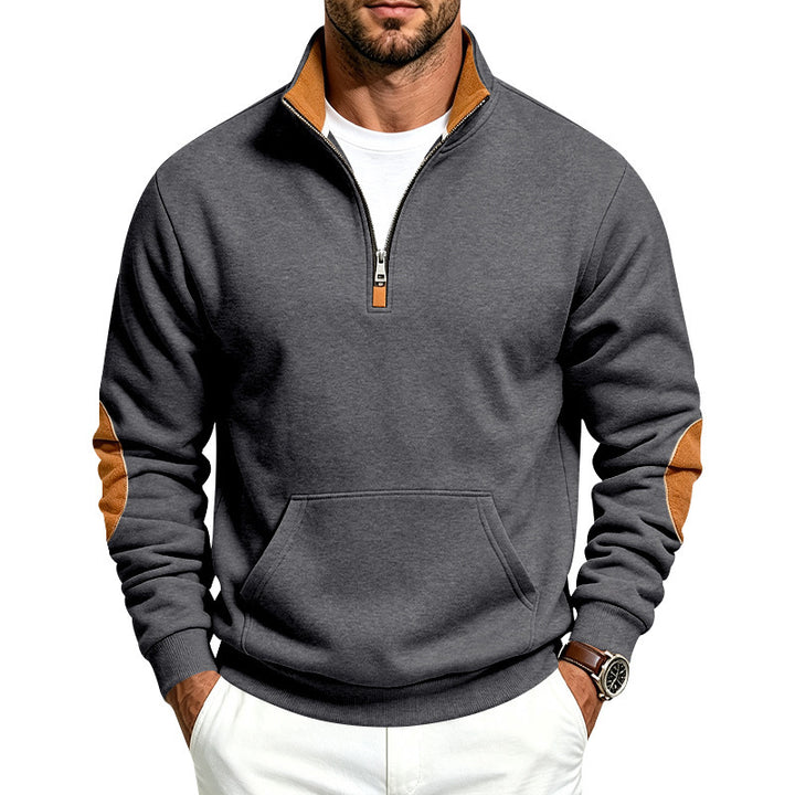 Herren Troyer-Pullover mit halbem Reißverschluss, Kängurutasche und Ellbogen-Patches Drune