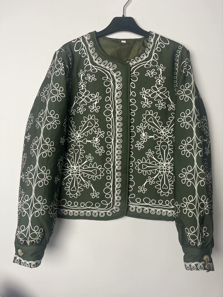 Damen Patchwork-Design Jacke mit floralem Muster und eleganten Applikationen Drune
