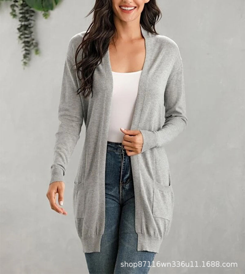 Damen Lange Strickjacke mit offenen Front und praktischen Taschen Drune