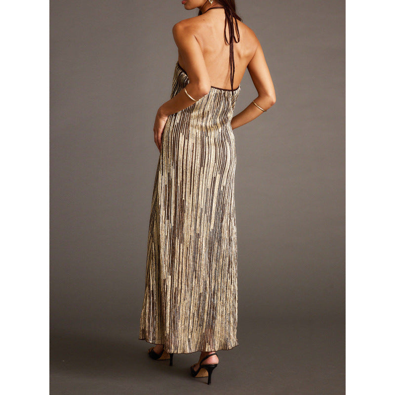 Damen Elegantes Maxikleid mit schimmerndem Streifenmuster und Rückenbindeband Drune