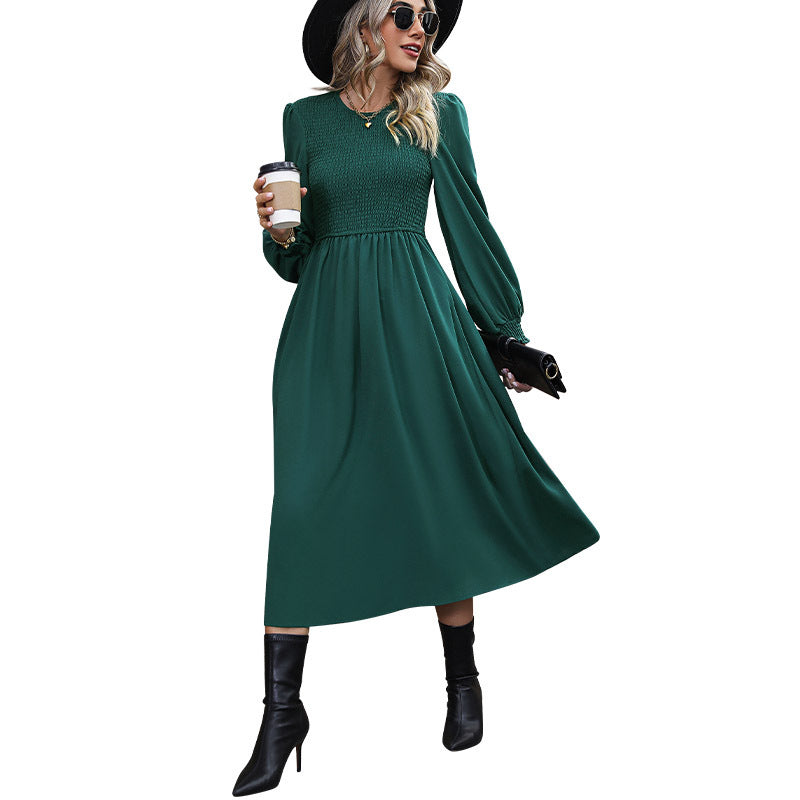 Damen Midikleid mit Smokoberteil, langen Ballonärmeln und ausgestelltem Rock Drune