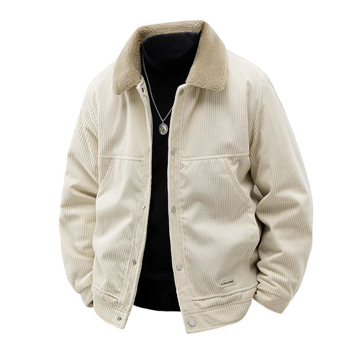Men's  ribbed corduroy snap-front workwear jacket with sherpa-lined collar and angled hand pockets Drune