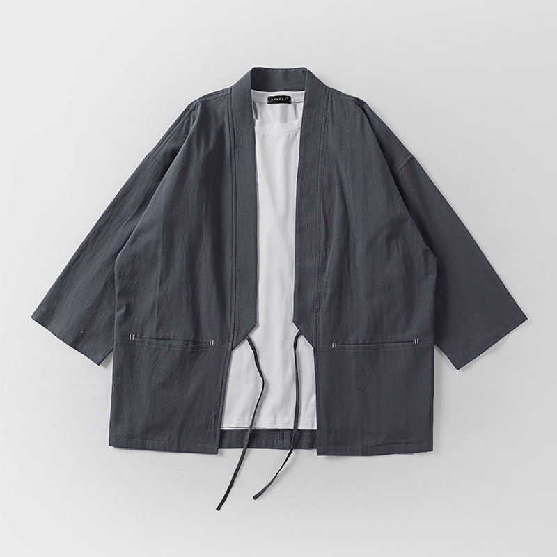 Unisex Kimono-Haori-Jacke mit Bindegürtel und dreiviertelärmeln Drune
