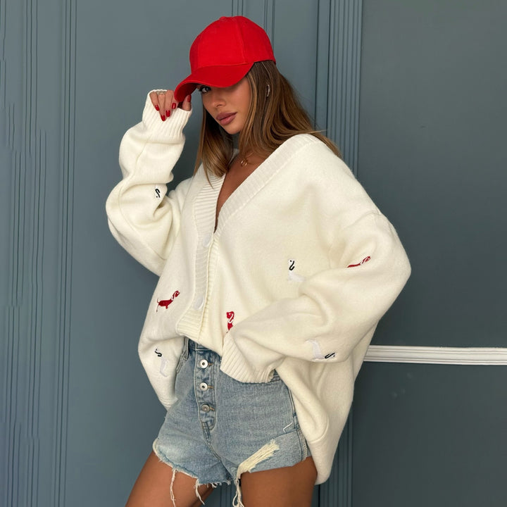 Damen kuscheliger Over-Sized Strickcardigan mit einzigartiger Stickerei Drune