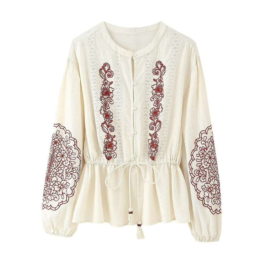 Damen nan bestickte Boho-Bluse mit Tunnelzugtaillierung, Spitzenbesatz und Volantbund Drune