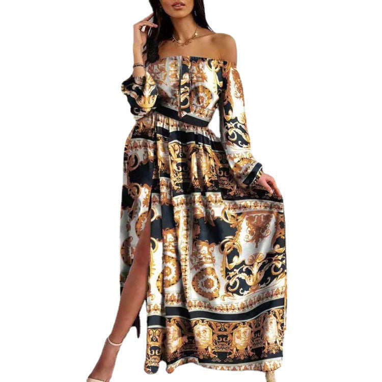 Damen Maxikleid mit offenem Schulterdesign und aufwendigem Barockmuster Drune
