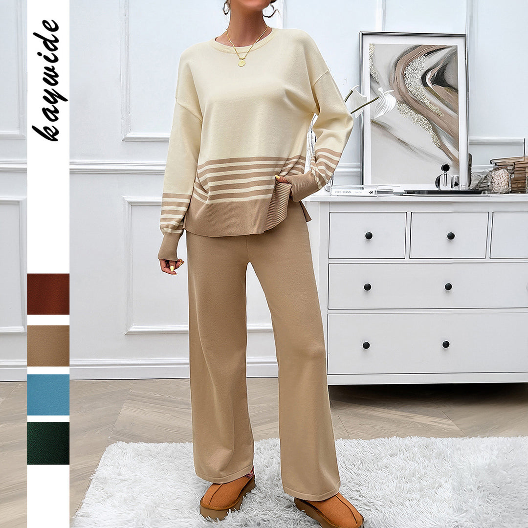 Damen nan lässiges Strick-Lounge-Set mit gestreiftem Rundhals-Pullover, Raglanärmeln und weiten taillenhohen Hosen Drune
