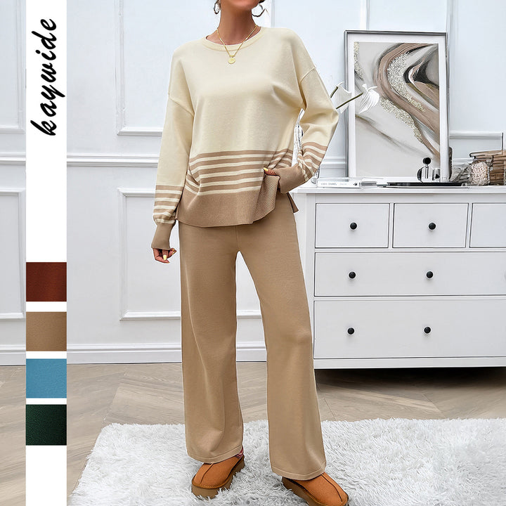 Damen nan lässiges Strick-Lounge-Set mit gestreiftem Rundhals-Pullover, Raglanärmeln und weiten taillenhohen Hosen Drune