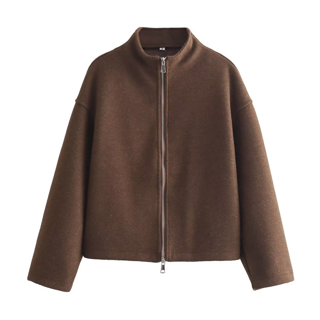 Damen nan kurz geschnittene Wolloptik-Zipjacke mit Stehkragen und Oversize-Ärmeln Drune