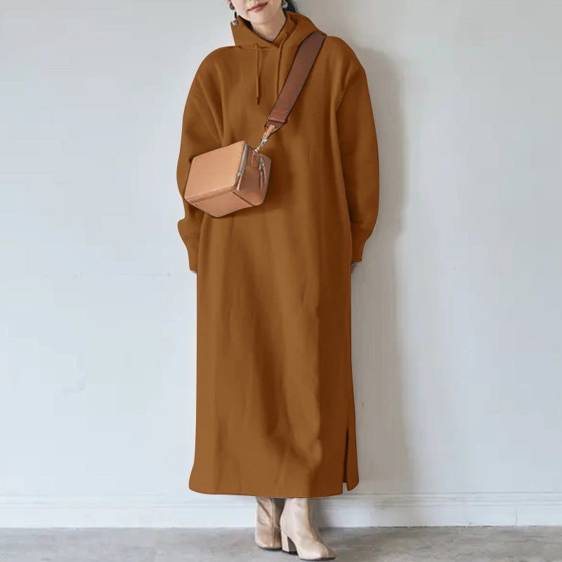 Damen nan Oversize Kapuzenmaxikleid mit geradem Schnitt und Seitenschlitz Drune