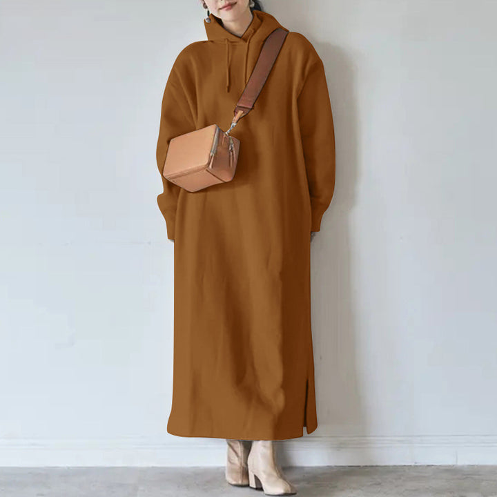 Damen nan Oversize Kapuzenmaxikleid mit geradem Schnitt und Seitenschlitz Drune