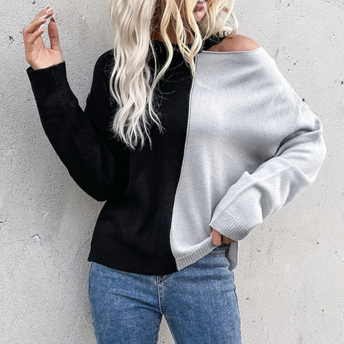 Damen Asymmetrischer Colorblock-Pullover mit Cut-Out-Schulter und Oversize-Feinstrick Drune