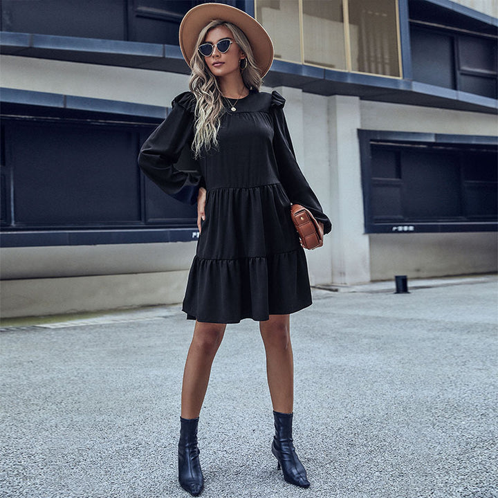 Damen A-Linien Stufenkleid mit langen Ärmeln und zarten Rüschen Drune