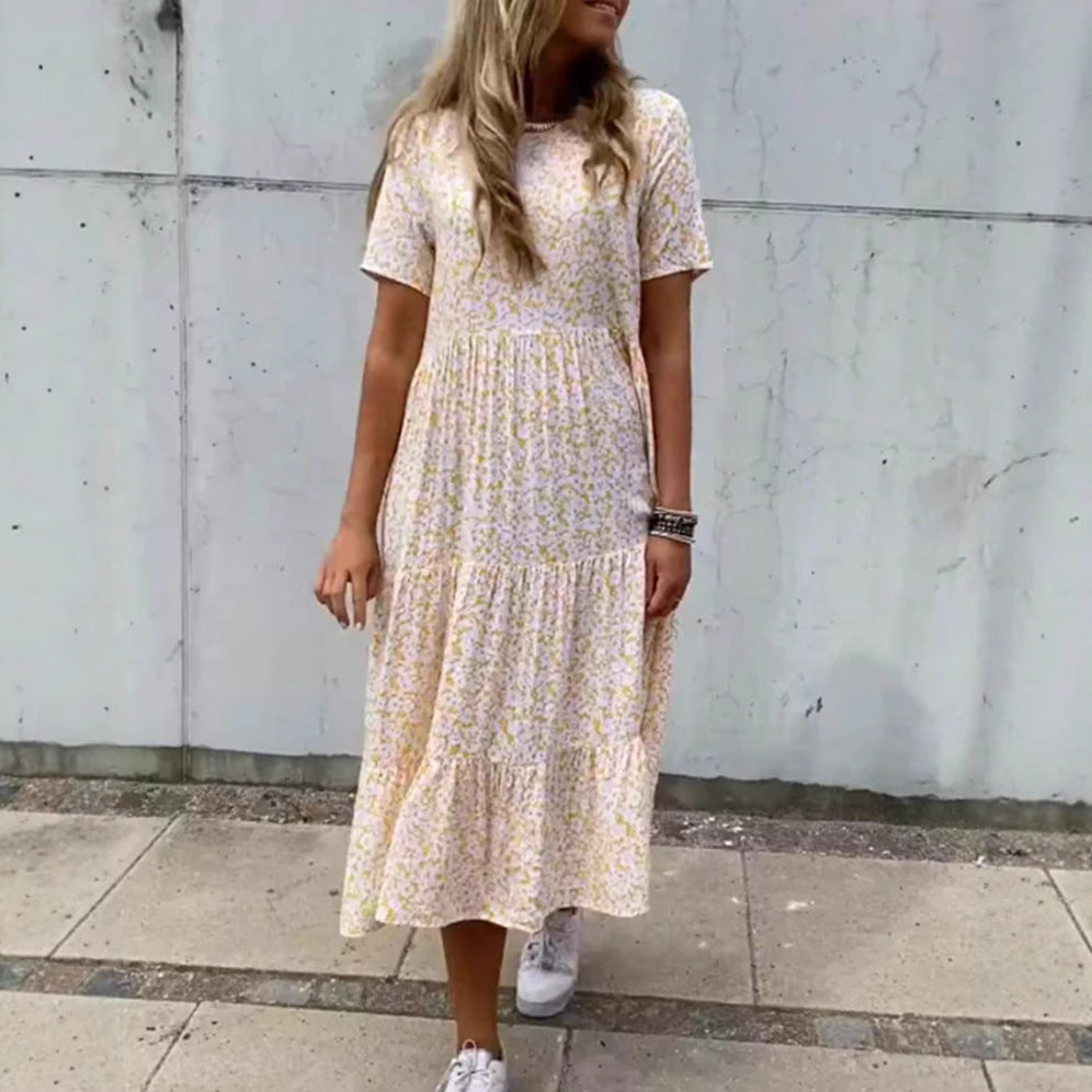 Damen nan luftiges Stufenmaxikleid im Boho-Babydoll-Stil mit geraffter Unterbrust und kurzen Ärmeln Drune