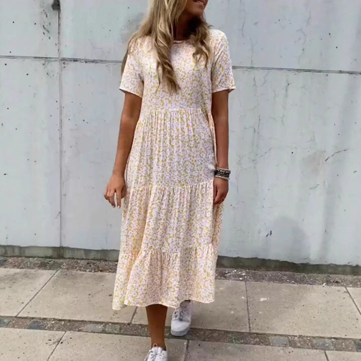 Damen nan luftiges Stufenmaxikleid im Boho-Babydoll-Stil mit geraffter Unterbrust und kurzen Ärmeln Drune