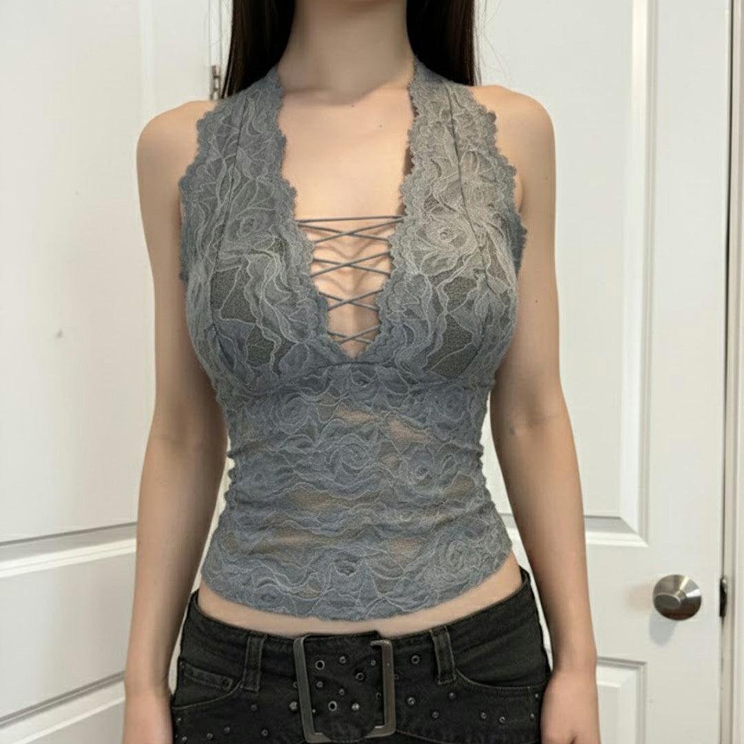 Damen Elegantes Spitzen-Haltertop mit tiefem V-Ausschnitt Drune