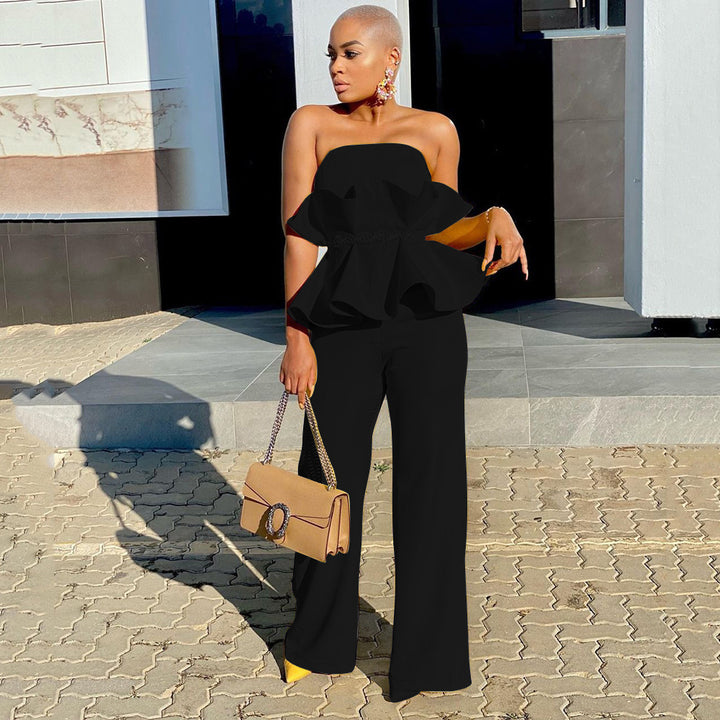 Damen Jumpsuit mit voluminösem Rüschendesign und schulterfreiem Oberteil Drune