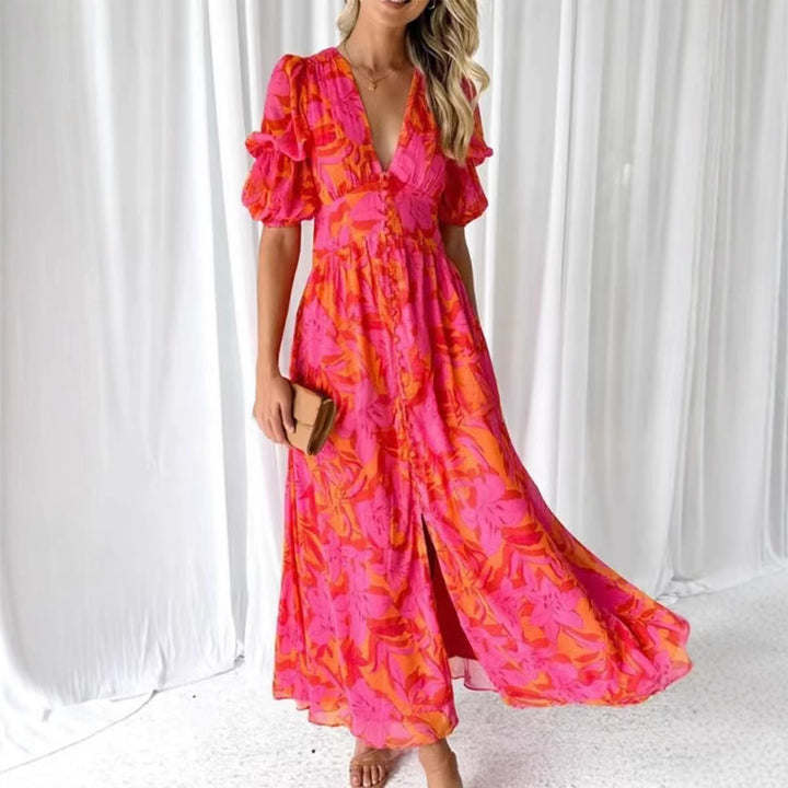 Damen Maxikleid mit floralem Design, tiefem V-Ausschnitt und seitlichem Schlitz Drune