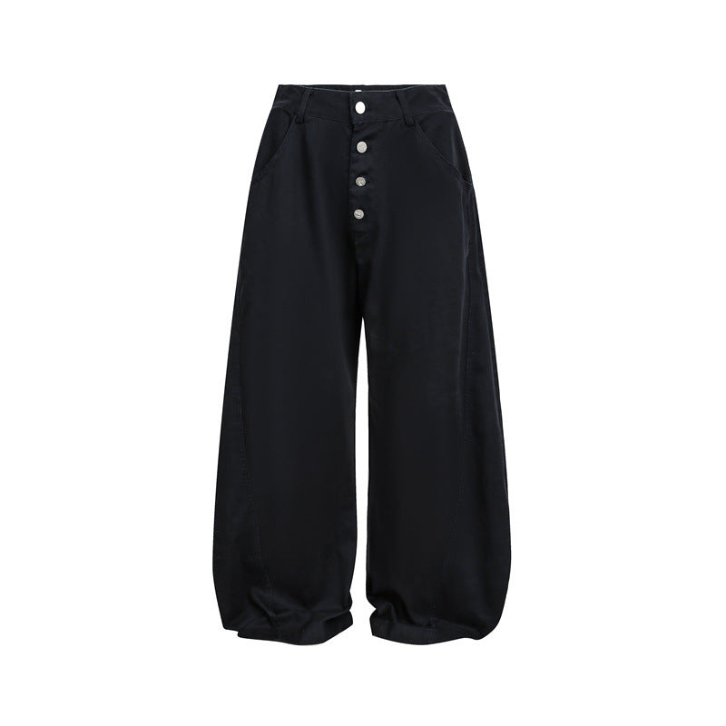 Damen Hochgeschnittene Balloon‑Culotte‑Hose mit weiter Beinweite, sichtbarer Knopfleiste und Eingrifftaschen Drune