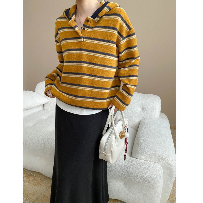 Damen gestreifter Hoodie aus weichem Material mit Knopfverschluss Drune