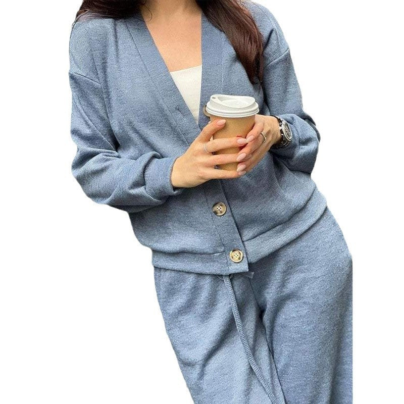 Damen Strick-Loungewear-Set mit V-Ausschnitt-Cardigan und weitem Kordelbund-Hose Drune