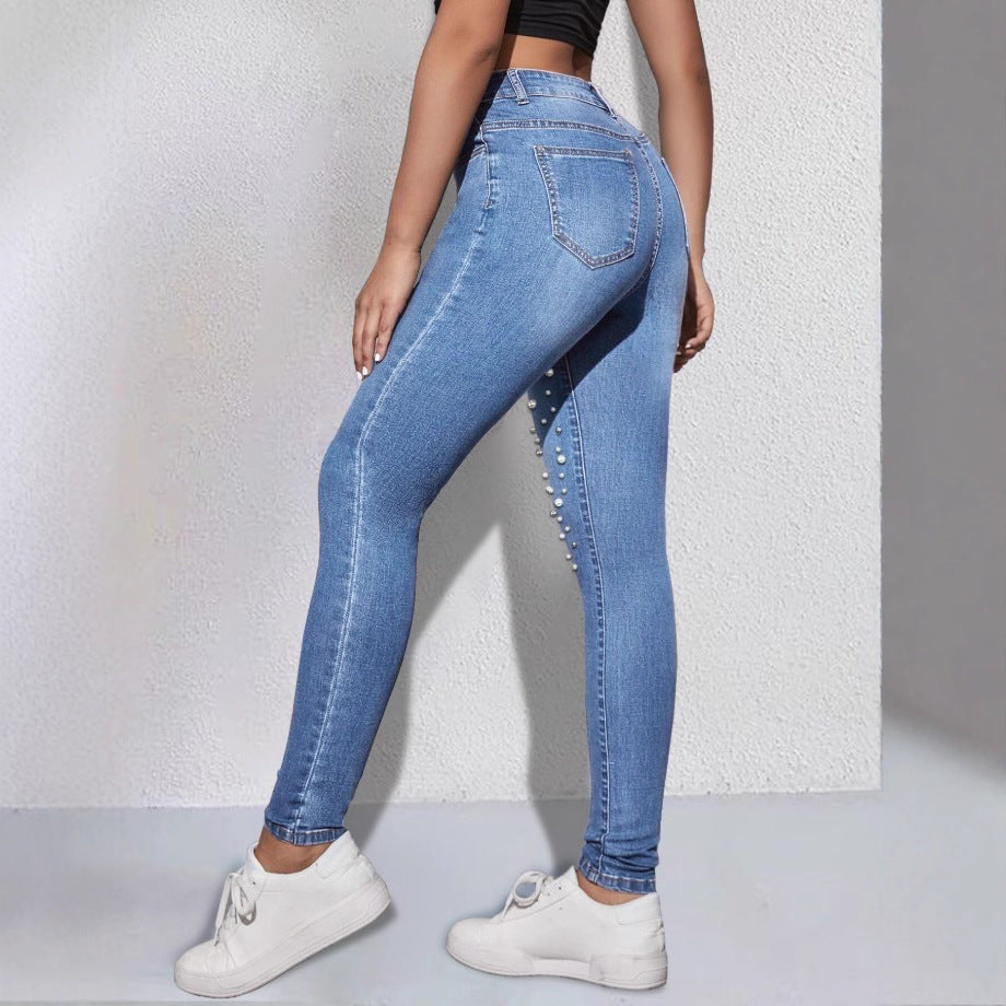 Damen Hochgeschnittene Sculpting-Skinny-Jeans mit asymmetrischem Perlenmuster Drune