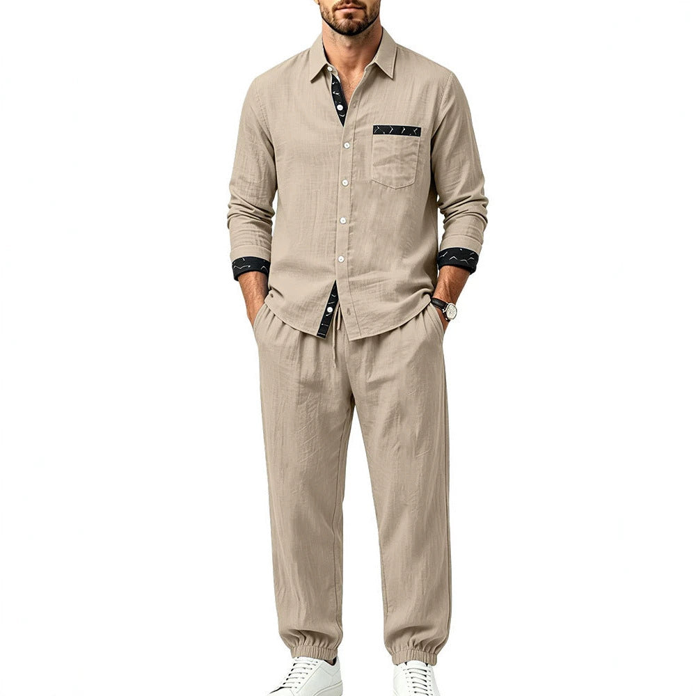 Herren Leichter Baumwoll-Loungewear-Zweiteiler mit Hemd und Kordel-Jogger Drune