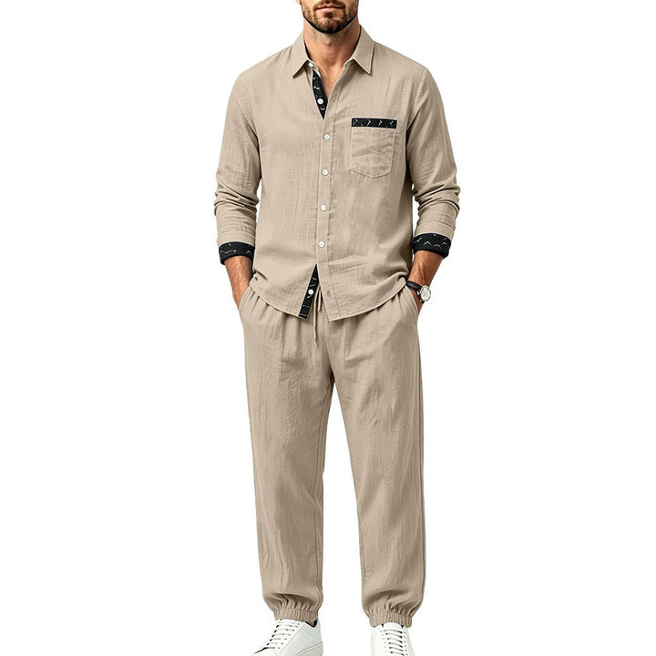 Herren Leichter Baumwoll-Loungewear-Zweiteiler mit Hemd und Kordel-Jogger Drune