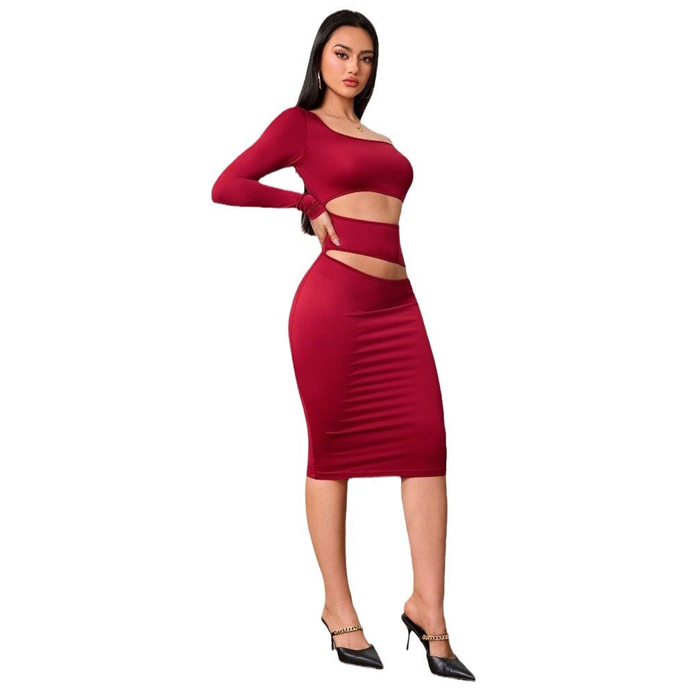 Damen figurbetontes Cut-Out-Midi-Kleid mit asymmetrischem Design und langen Ärmeln Drune
